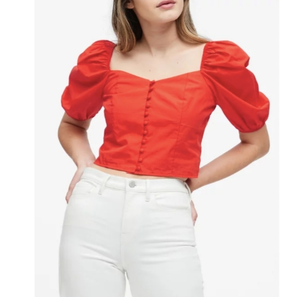 Banana Republic Red Puff-Sleeve Button-Front Crop Top Size XL